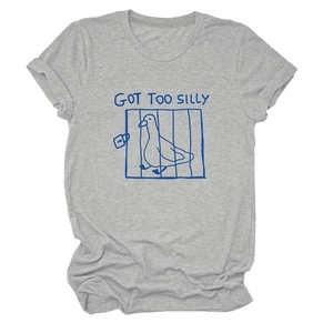 Grey crew neck T-shirt with 'GOT TOO SILLY' duck graphic print for a casual look