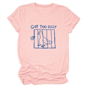 Detail of light pink cotton T-shirt featuring navy blue GOT TOO SILLY duck print