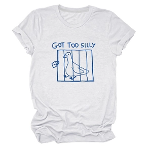 Detail of soft cotton white T-shirt with blue 'GOT TOO SILLY' duck print design