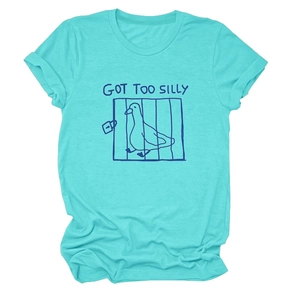 Detail of turquoise crew neck t-shirt with silly goose graphic and rolled sleeve cuffs