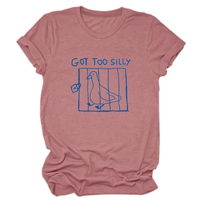 Close-up of pink cotton T-shirt featuring Got Too Silly text and cartoon goose print