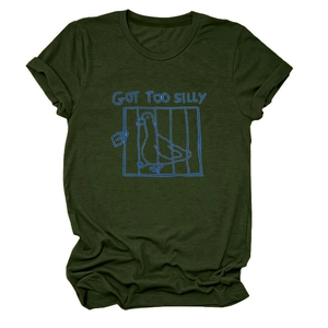 Flat lay detail of olive green crew neck tee with blue silly goose graphic print