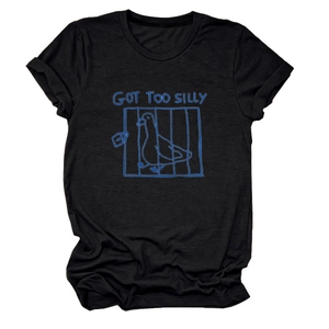 Close-up of Got Too Silly blue goose print on a black cotton crew neck t-shirt