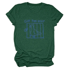 Detail of crewneck cotton T-shirt featuring GOT TOO SILLY goose print on green fabric