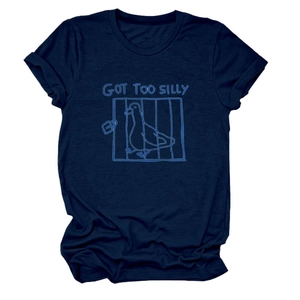Close-up of navy crew neck t-shirt featuring a funny goose in a cage and silly text print