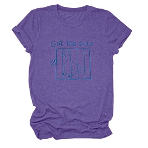 Detailed view of GOT TOO SILLY purple crewneck t-shirt fabric texture and cartoon print