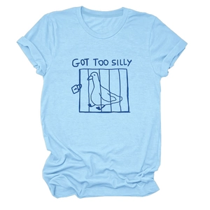 Close-up of duck illustration and GOT TOO SILLY text on light blue cotton T-shirt