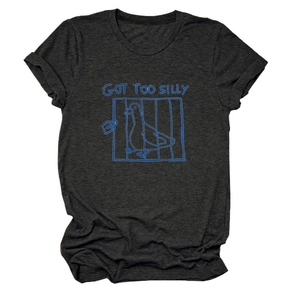 Detail of blue duck graphic and 'GOT TOO SILLY' text on charcoal grey cotton t-shirt