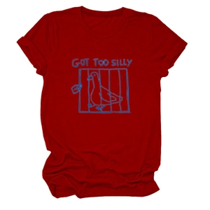 Detail of red crew neck T-shirt featuring a blue Got Too Silly duck graphic print