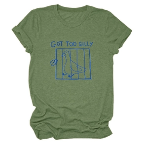 Detail of olive green t-shirt featuring a funny caged duck print and Got Too Silly text