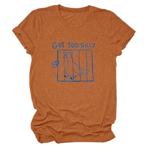 Detail of rust cotton t-shirt with blue duck graphic and GOT TOO SILLY text print