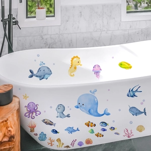 Whale and sea creature bathroom wall stickers for kids with watercolor ocean animals set