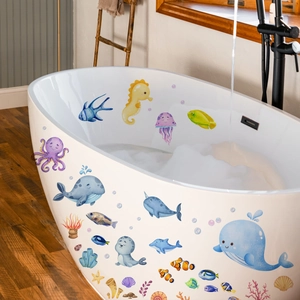 Cartoon Ocean Life Whale Bathtub Stickers Waterproof PVC Sea Animal Wall Decals For Kids Bathroom Nursery Home Decor