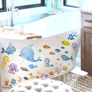 Cartoon whale and sea life stickers for bathroom wall and bathtub decoration set