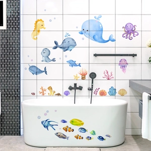 Cartoon whale and sea life wall stickers for bathroom tiles and kids bedroom decor