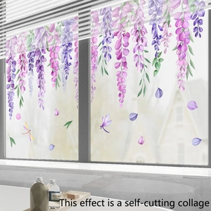 Self-adhesive purple wisteria flower window decals with green leaves and dragonflies
