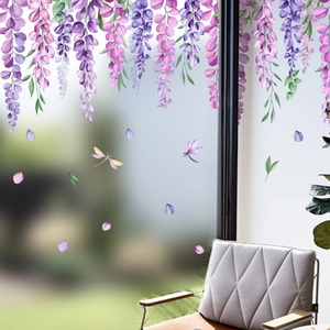 Watercolor wisteria glass stickers with dragonflies for living room window decoration
