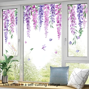 Self-adhesive wisteria flower window stickers with purple dragonflies for home decor