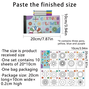 Detail view of cartoon flower coloring set with 10 inner pages and 3 colorful markers