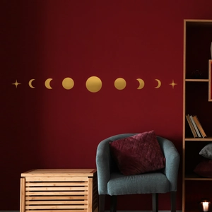 Golden moon phase wall stickers with stars for bedroom decor, set of nine pieces