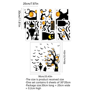 Detail of Halloween wall sticker set featuring pumpkins, bats and dead trees with dimensions