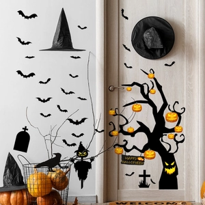 Halloween wall stickers featuring bats, pumpkins, and spooky trees for home decor