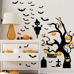 Halloween wall decals set with bats, pumpkin lanterns, and dead tree for home decor