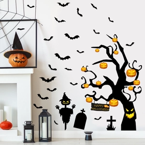 Halloween wall stickers featuring dead tree, bats, pumpkins and scarecrow silhouettes