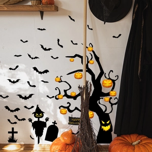 Detailed Halloween wall stickers set with scary tree, bats, and pumpkin lantern