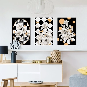 Set van drie Scandinavische wanddecoraties met bloemen en geometrische patronen