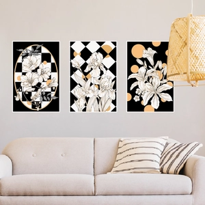 Driedelige Scandinavische wanddecoratieset met zwart-wit bloemenprints voor woonkamer