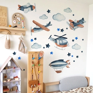 Vinilos decorativos de aviones y globos en acuarela para decoración de cuarto infantil