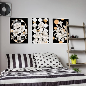 Noords Botanisch Bloemen Muurstickers Set 3 Stuks Zwart Wit Oranje Geometrisch Patroon PVC Posters Voor Huisdecoratie