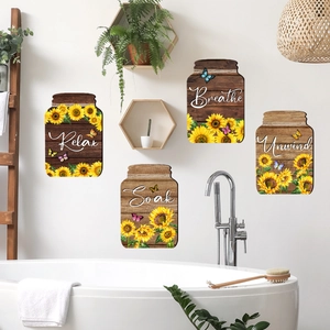 4Pièces Stickers Muraux Salle de Bain Tournesol Design Bocal Mason Grain de Bois Relax Soak Breathe Unwind PVC Autocollants