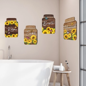 Lot de 4 plaques murales en bois avec tournesols et lettrage Relax Soak Breathe Unwind