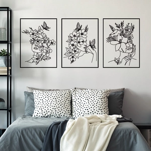 Minimalist female line art wall stickers with flowers and butterflies set of 3 for bedroom