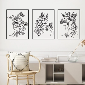 Minimalist 3-piece line art wall stickers with abstract female face, flowers and butterflies