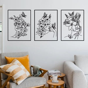 Three-piece modern wall art set with abstract female silhouettes and floral butterfly motifs