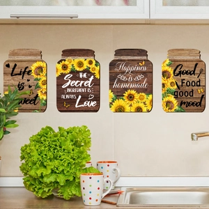 Lot de 4 stickers muraux bocaux rustiques avec tournesols et texte Life is sweet