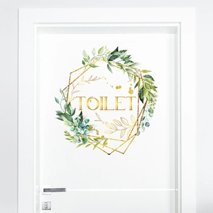 Floral toilet door sticker with green leaves, gold geometric frame and TOILET text