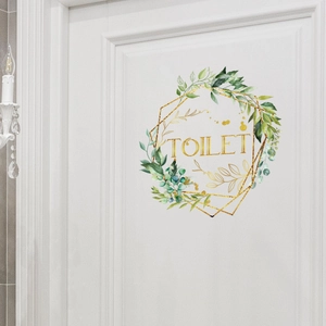 Modern gold geometric toilet door sticker with green leaves and elegant lettering
