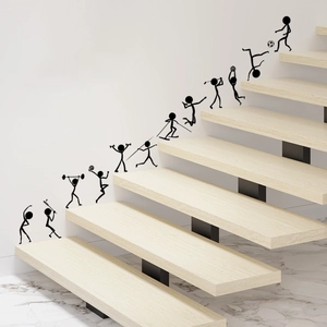 Creative black silhouette sports figures wall stickers applied along a modern staircase