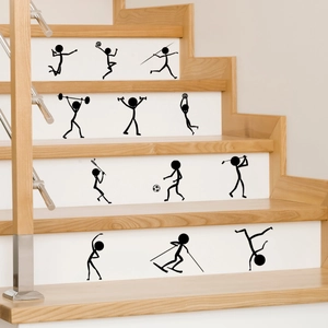 Minimalist black matchman sports stair stickers featuring twelve athletic silhouettes