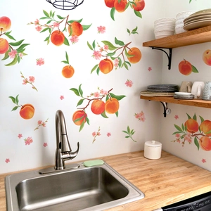Peach Fruit Blossom Wall Stickers PVC Self Adhesive DIY Kitchen Bedroom Decor Modern Watercolor Mural Art Decals