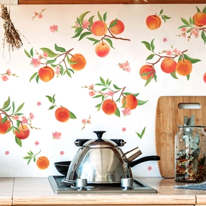 Self-adhesive wall sticker featuring pink peach blossoms and fruit for home decoration