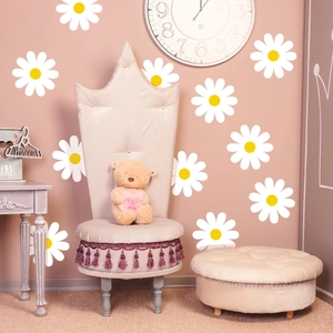 Stickers muraux marguerites blanches avec cœur jaune pour décoration de chambre