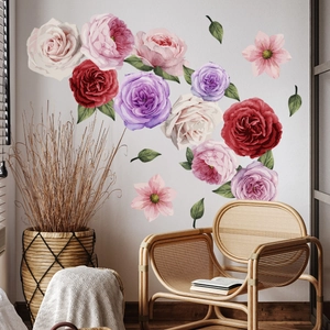Vinilos decorativos de flores en acuarela con rosas rojas y hojas para el hogar