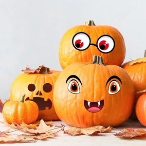 DIY Halloween pumpkin face stickers featuring cartoon eyes and vampire teeth decorations