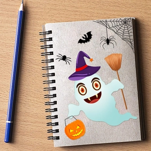 Halloween cartoon ghost sticker set with wizard hat and pumpkin for DIY wall decor