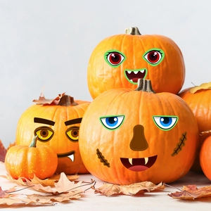 Cartoon Halloween pumpkin face stickers featuring devil eyes and fangs on pumpkins